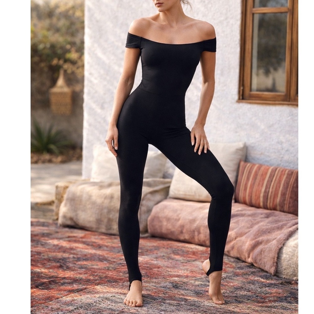 NWT Free People Movement Off-The-Shoulder Stirrup Jumpsuit Women M Black Yoga